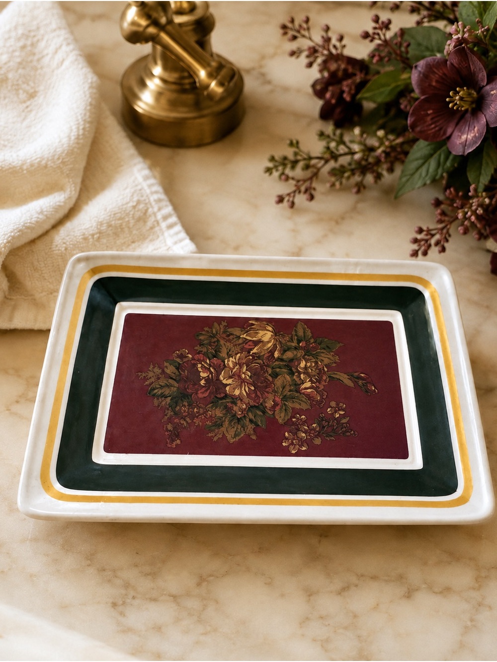 Springmaid Rosemond Floral Ceramic Soap Dish Burgundy Green Cottage Decor Retro